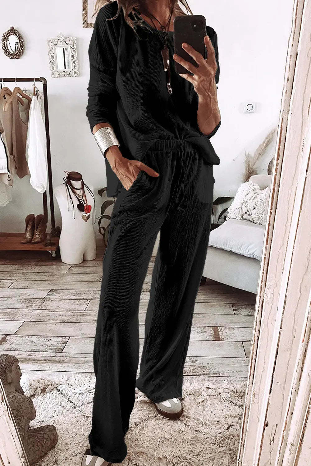 Parchment Textured Long Sleeve T Shirt and Trousers Lounge Set eAura