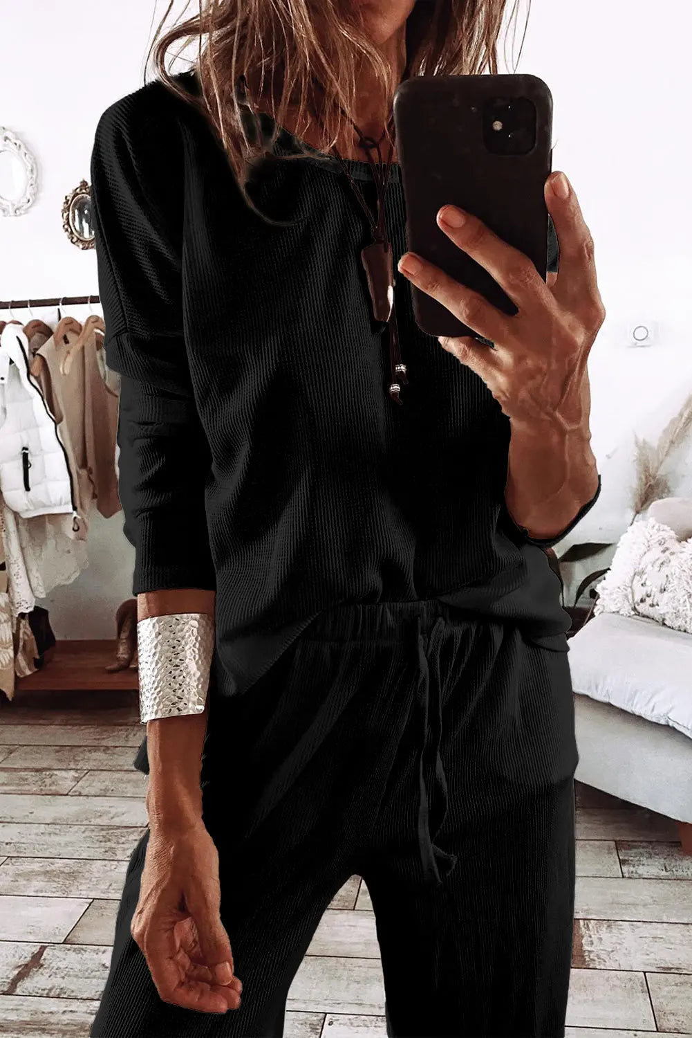 Parchment Textured Long Sleeve T Shirt and Trousers Lounge Set eAura