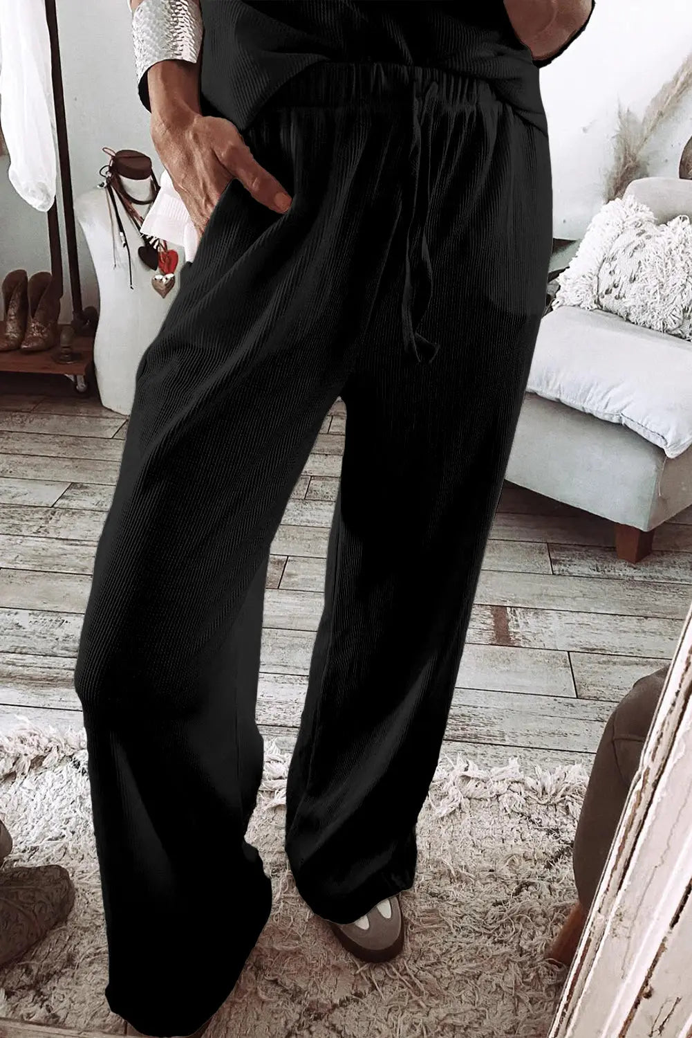 Parchment Textured Long Sleeve T Shirt and Trousers Lounge Set eAura