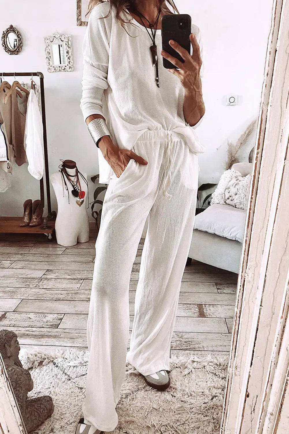Parchment Textured Long Sleeve T Shirt and Trousers Lounge Set eAura