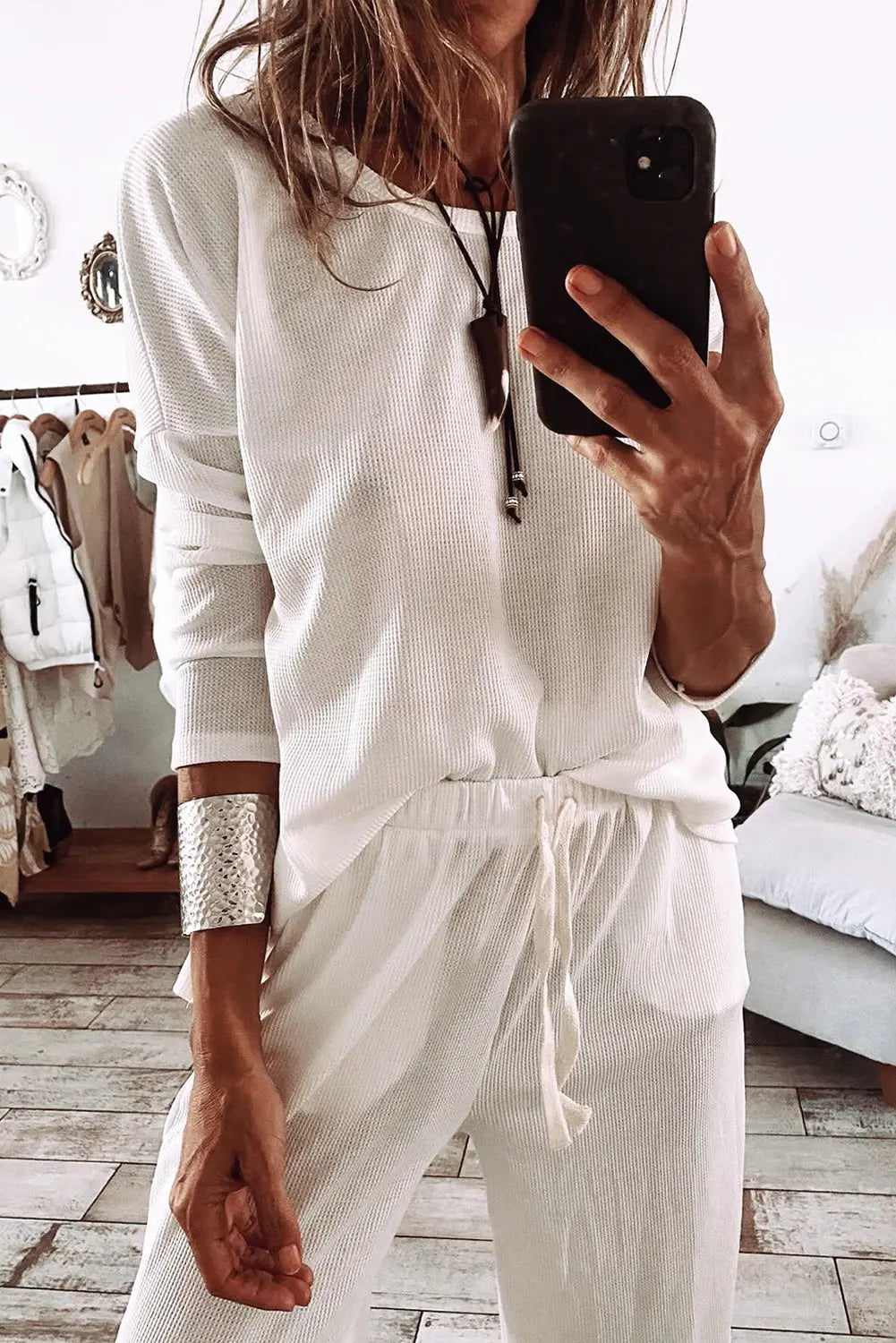Parchment Textured Long Sleeve T Shirt and Trousers Lounge Set eAura