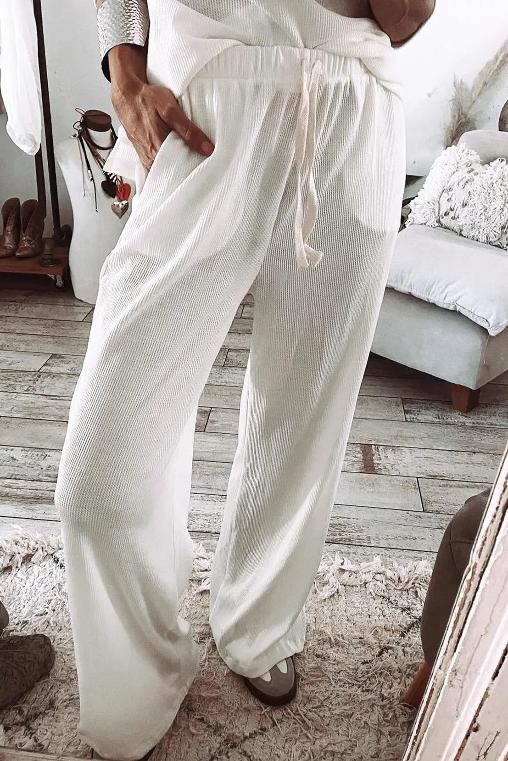 Parchment Textured Long Sleeve T Shirt and Trousers Lounge Set eAura