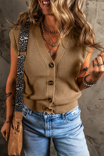 Parchment V Neck Buttoned Front Sweater Vest - PARCHMENT / S / 55% ACRYLIC + 45% COTTON - Sweaters & Cardigans/Sweater