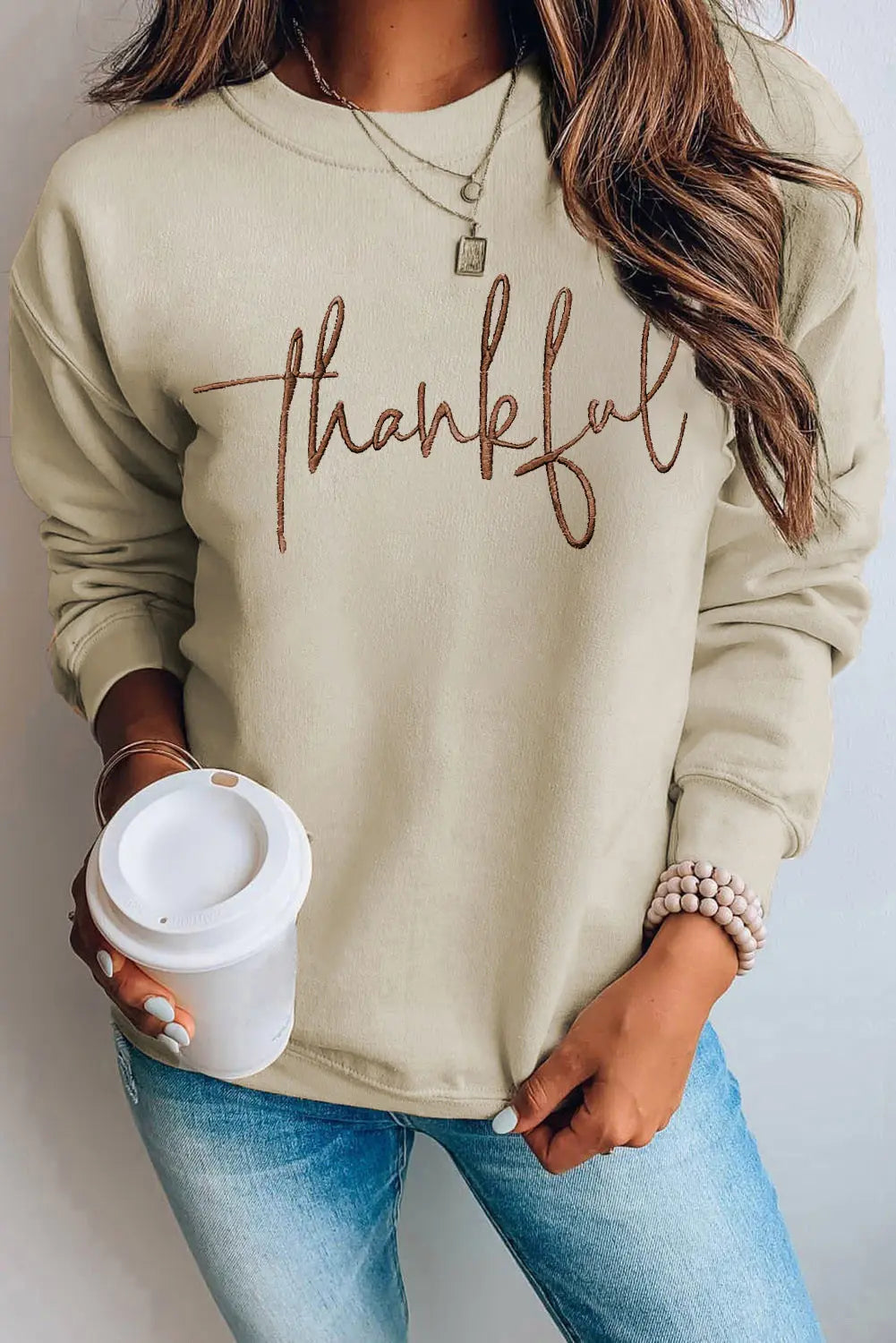 Parchment thankful Embroidered Drop Shoulder Pullover Sweatshirt Beagle Boutique Fashion Outlet