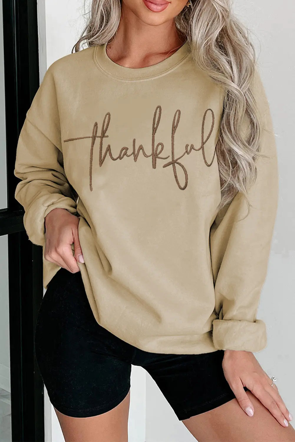 Parchment thankful Embroidered Drop Shoulder Pullover Sweatshirt Beagle Boutique Fashion Outlet