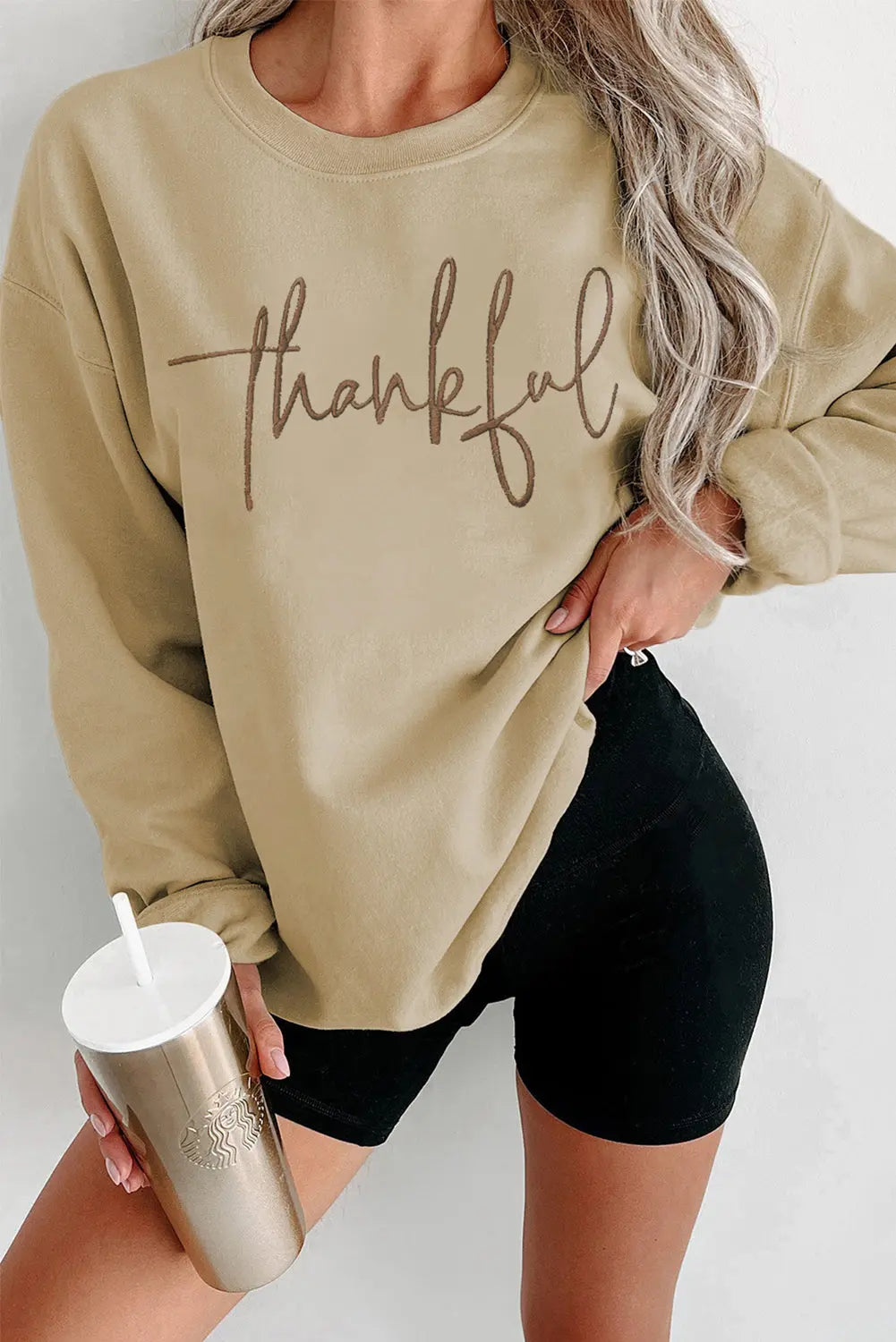 Parchment thankful Embroidered Drop Shoulder Pullover Sweatshirt Beagle Boutique Fashion Outlet