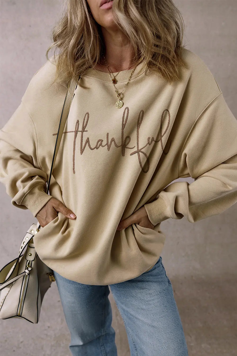 Parchment thankful Embroidered Drop Shoulder Pullover Sweatshirt Beagle Boutique Fashion Outlet