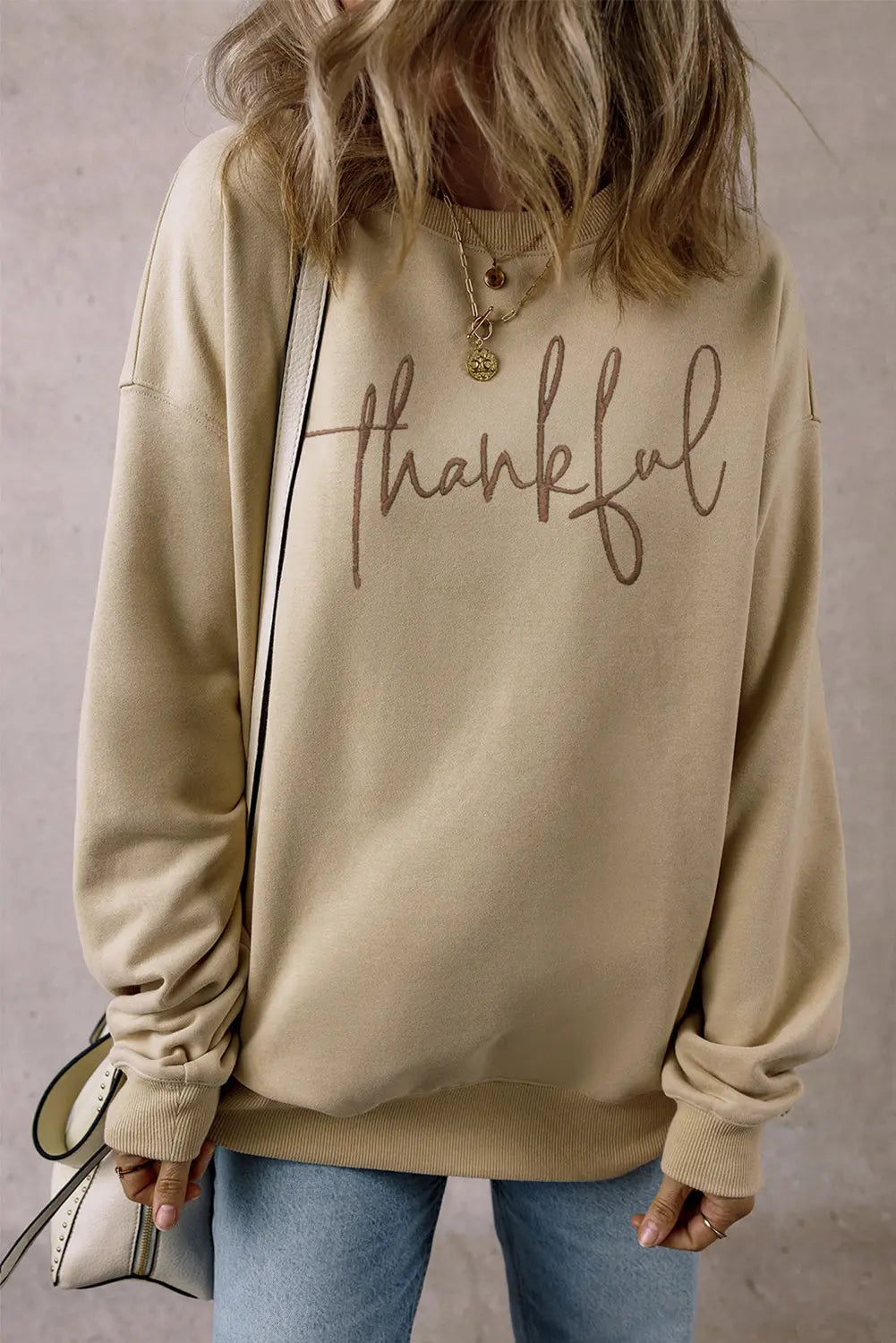 Parchment thankful Embroidered Drop Shoulder Pullover Sweatshirt Beagle Boutique Fashion Outlet