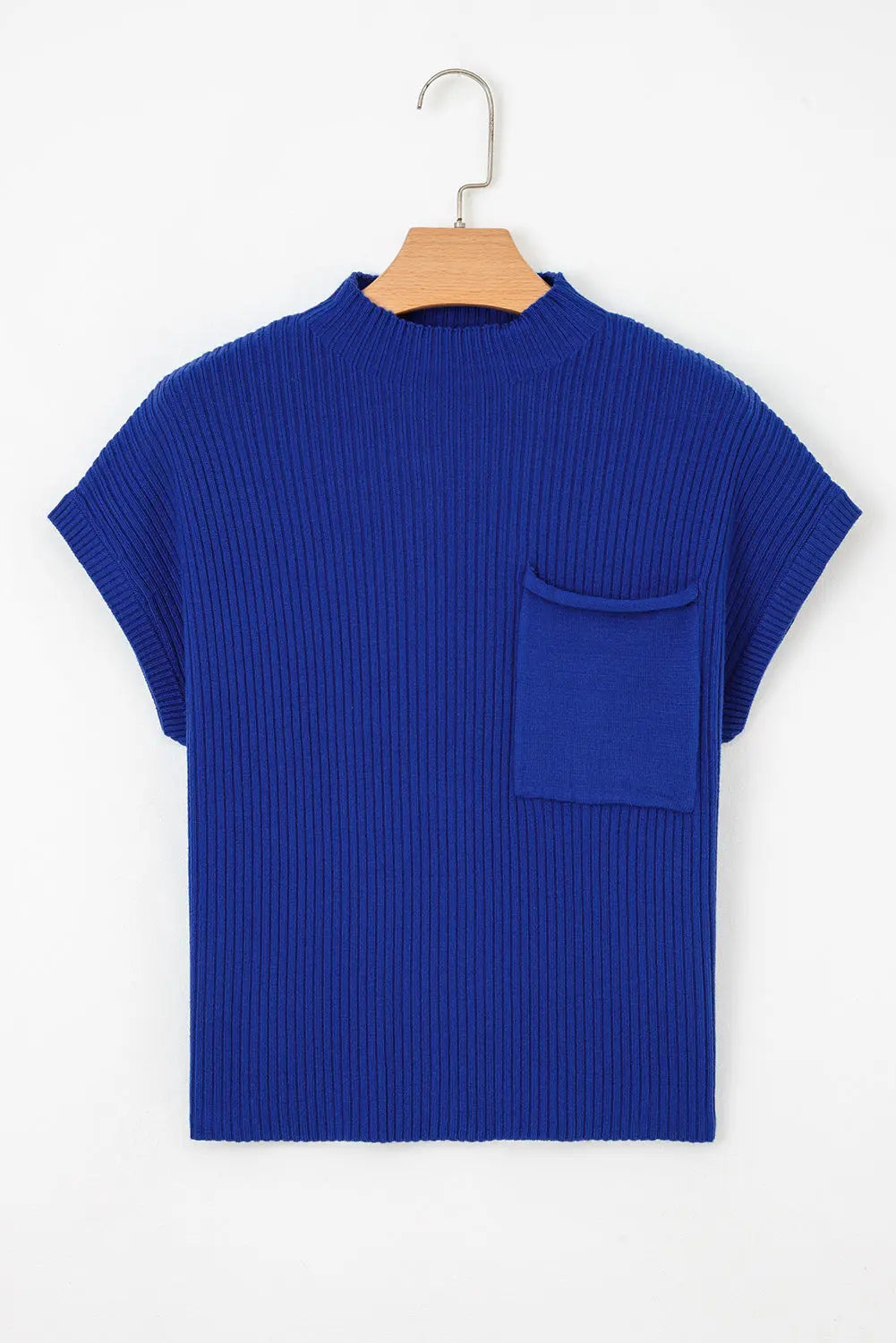 Patch Pocket Ribbed Knit Short Sleeve Sweater - eAura