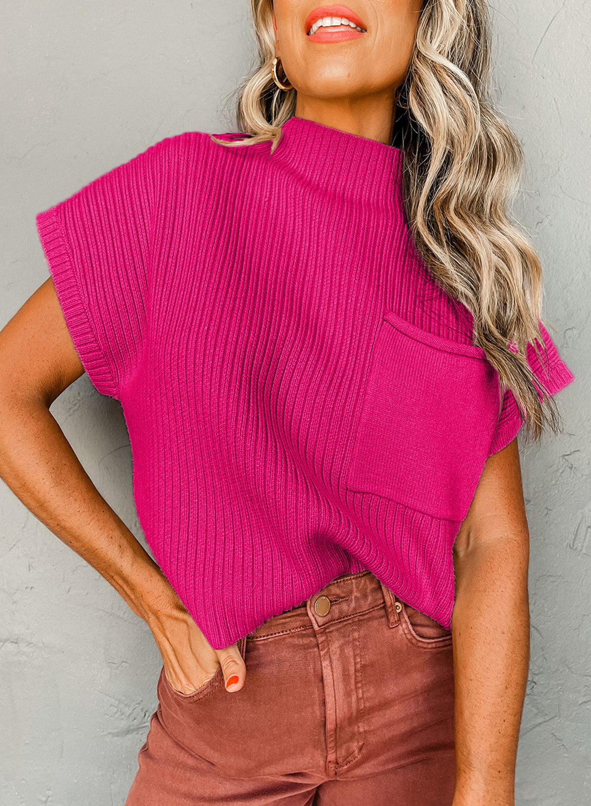 Patch Pocket Ribbed Knit Short Sleeve Sweater - ROSE RED / S / 50% VISCOSE + 28% POLYESTER + 22% POLYAMIDE - Sweaters &
