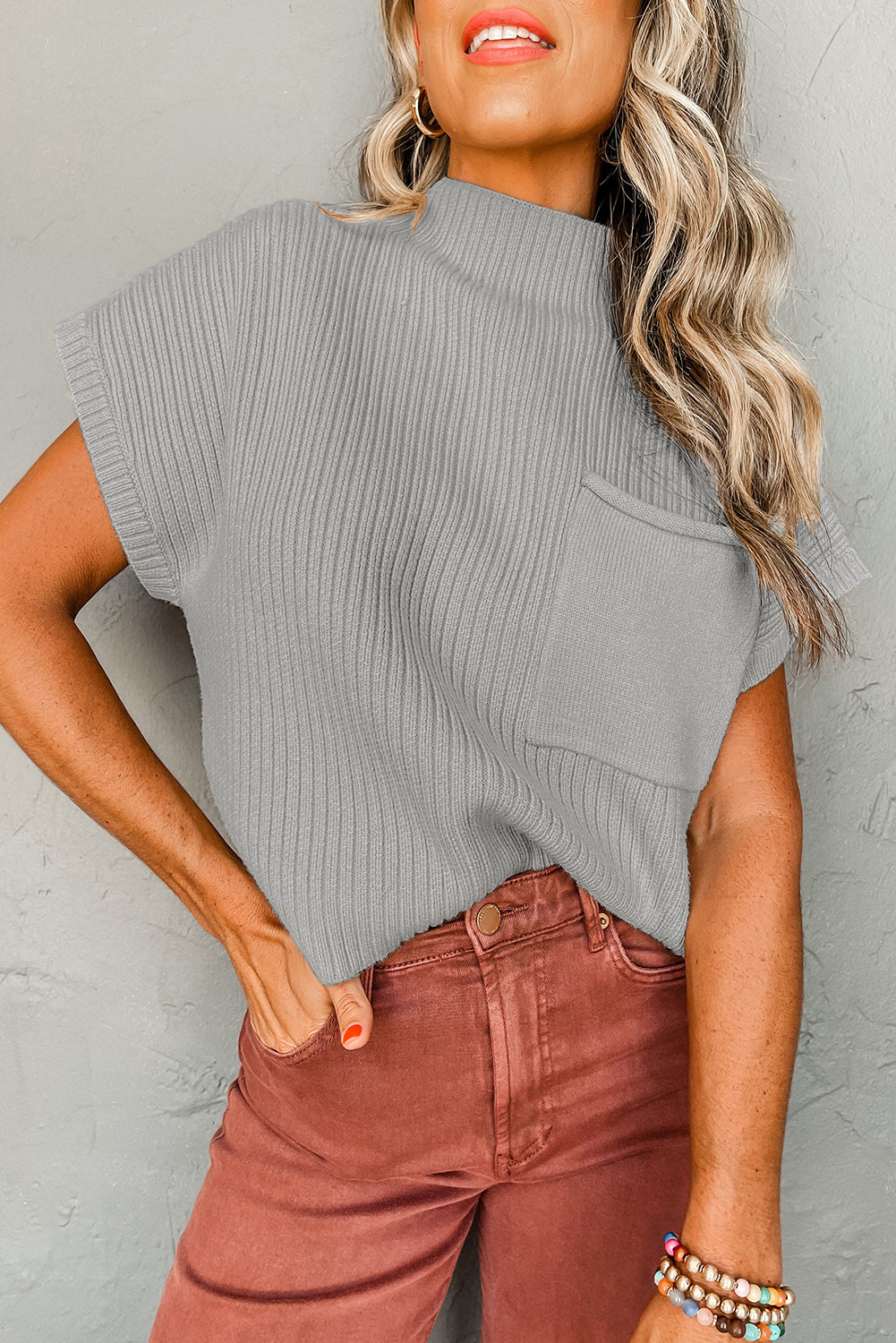 Patch Pocket Ribbed Knit Short Sleeve Sweater - GRAY / S / 50% VISCOSE + 28% POLYESTER + 22% POLYAMIDE - Sweaters &
