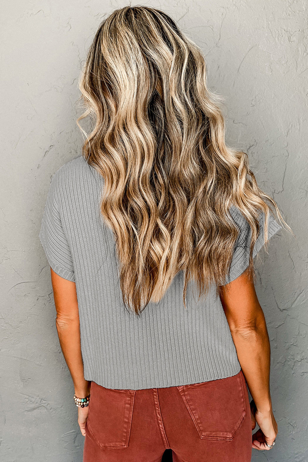 Patch Pocket Ribbed Knit Short Sleeve Sweater - Sweaters & Cardigans/Short