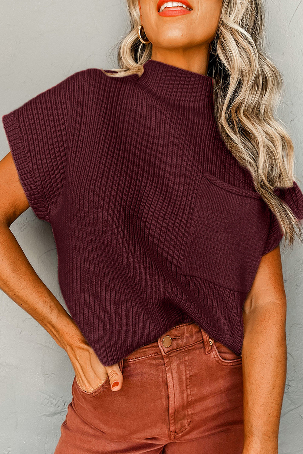Patch Pocket Ribbed Knit Short Sleeve Sweater - MINERAL RED / S / 50% VISCOSE + 28% POLYESTER + 22% POLYAMIDE