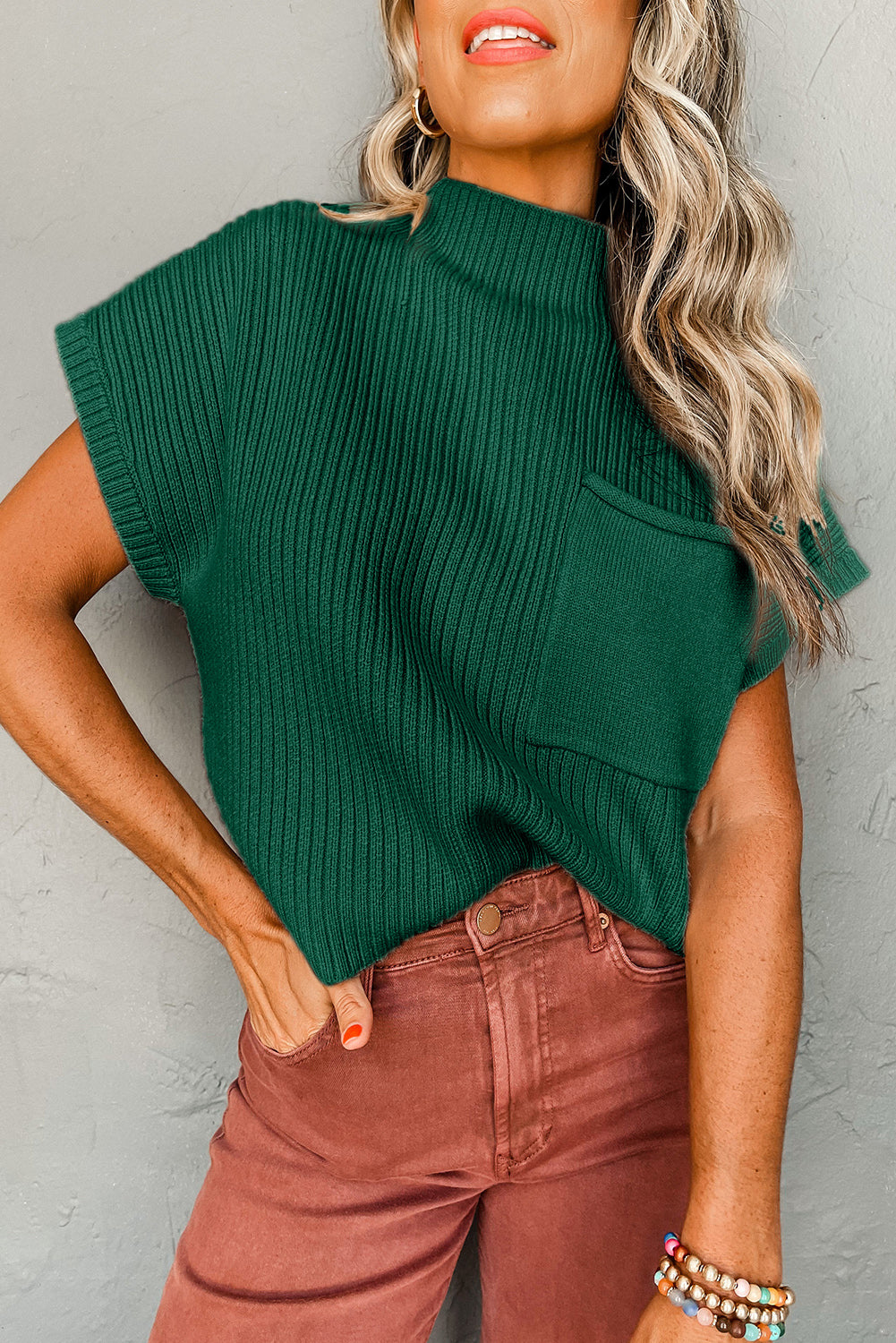 Patch Pocket Ribbed Knit Short Sleeve Sweater - BLACKISH GREEN / S / 50% VISCOSE + 28% POLYESTER + 22% POLYAMIDE