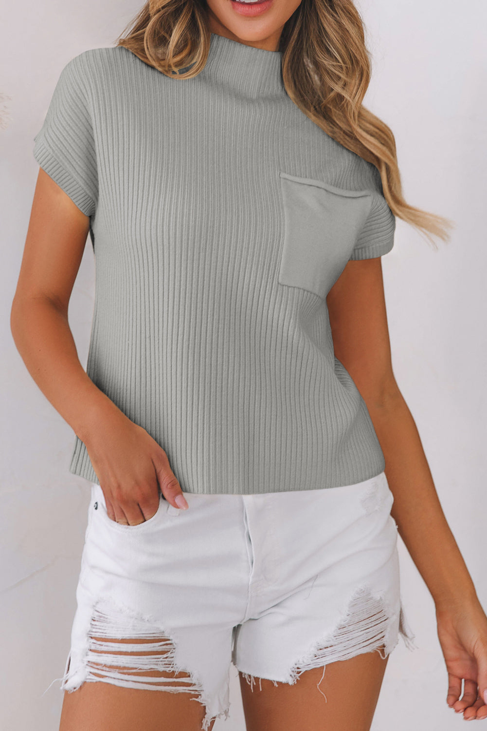 Patch Pocket Ribbed Knit Short Sleeve Sweater - Sweaters & Cardigans/Short