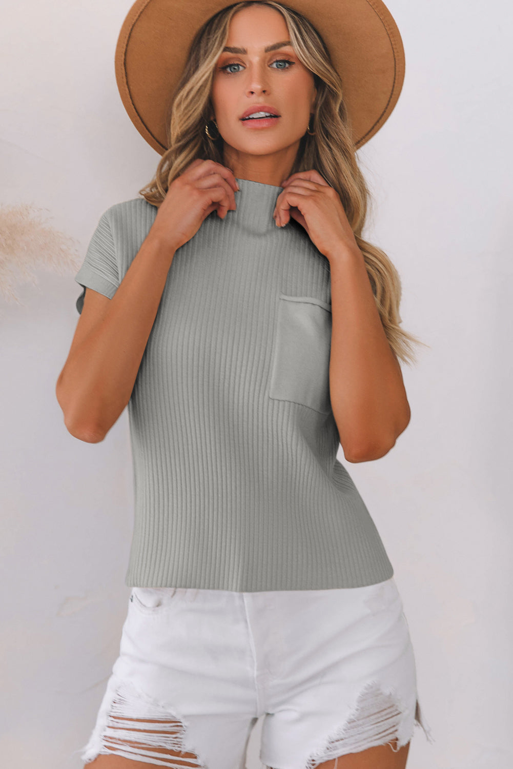 Patch Pocket Ribbed Knit Short Sleeve Sweater - Sweaters & Cardigans/Short