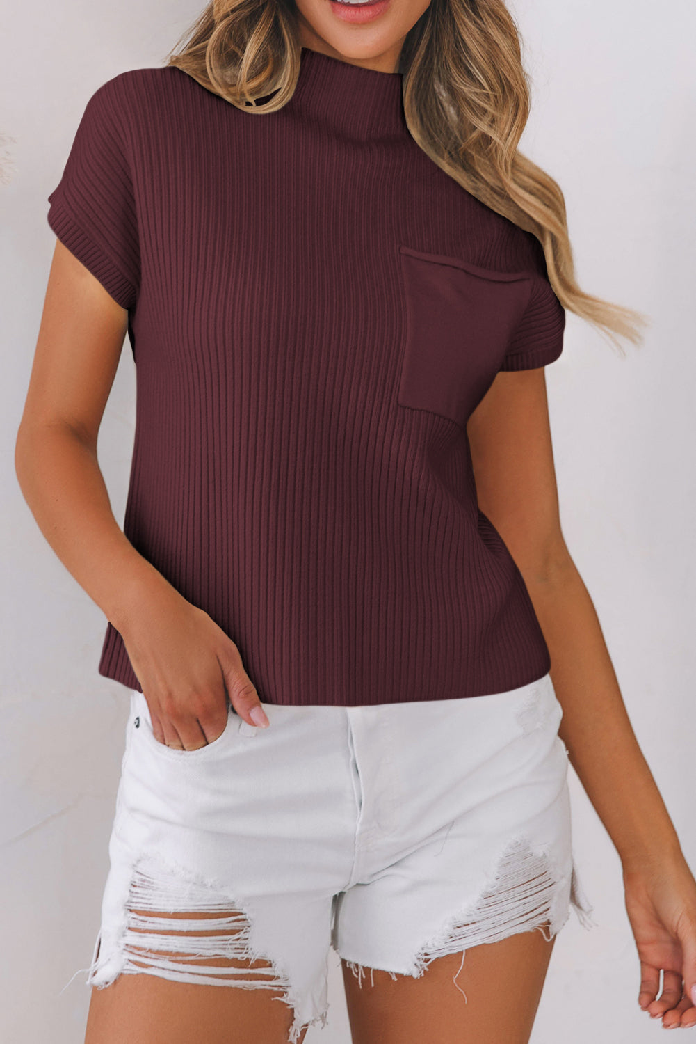 Patch Pocket Ribbed Knit Short Sleeve Sweater - Sweaters & Cardigans/Short