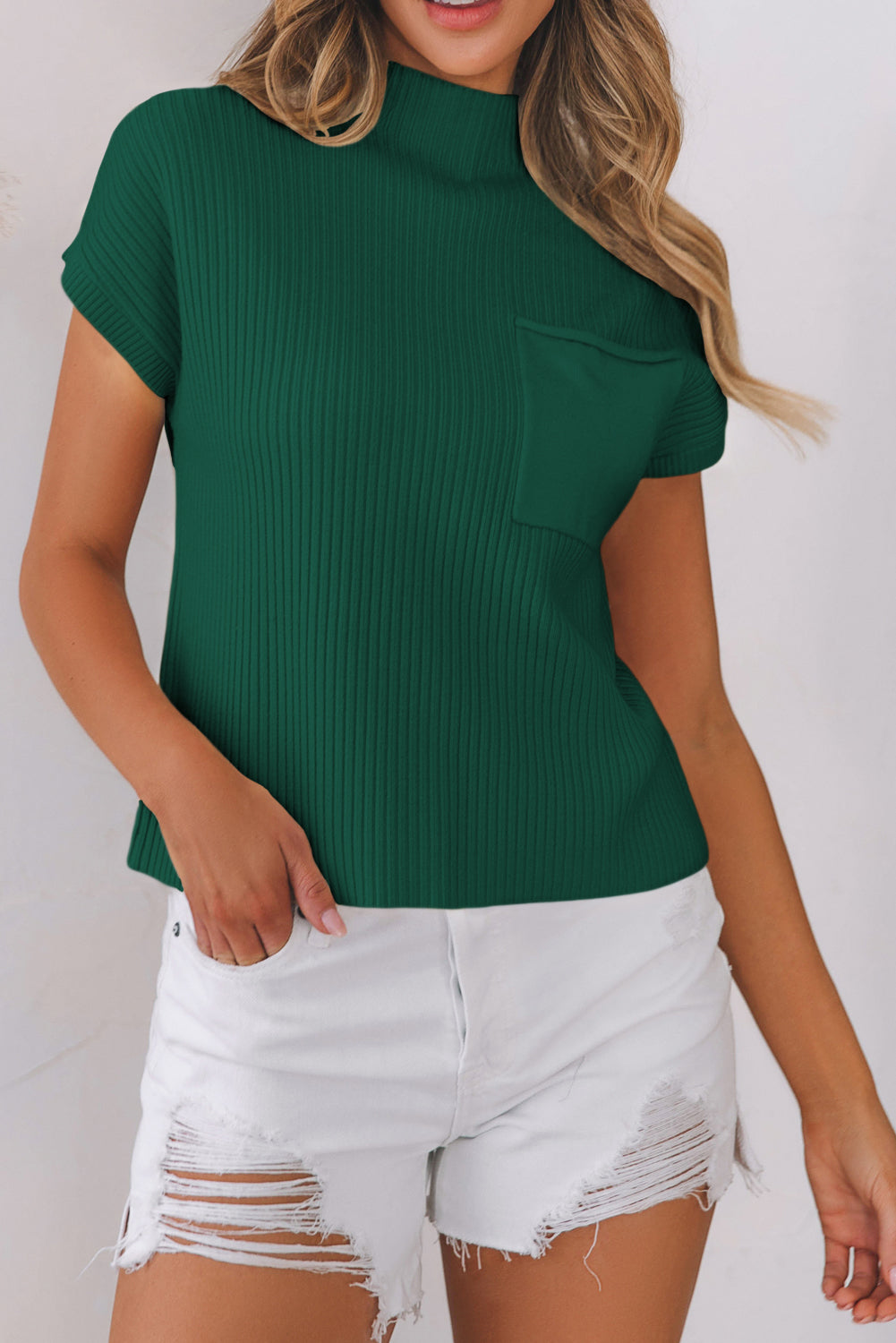 Patch Pocket Ribbed Knit Short Sleeve Sweater - Sweaters & Cardigans/Short