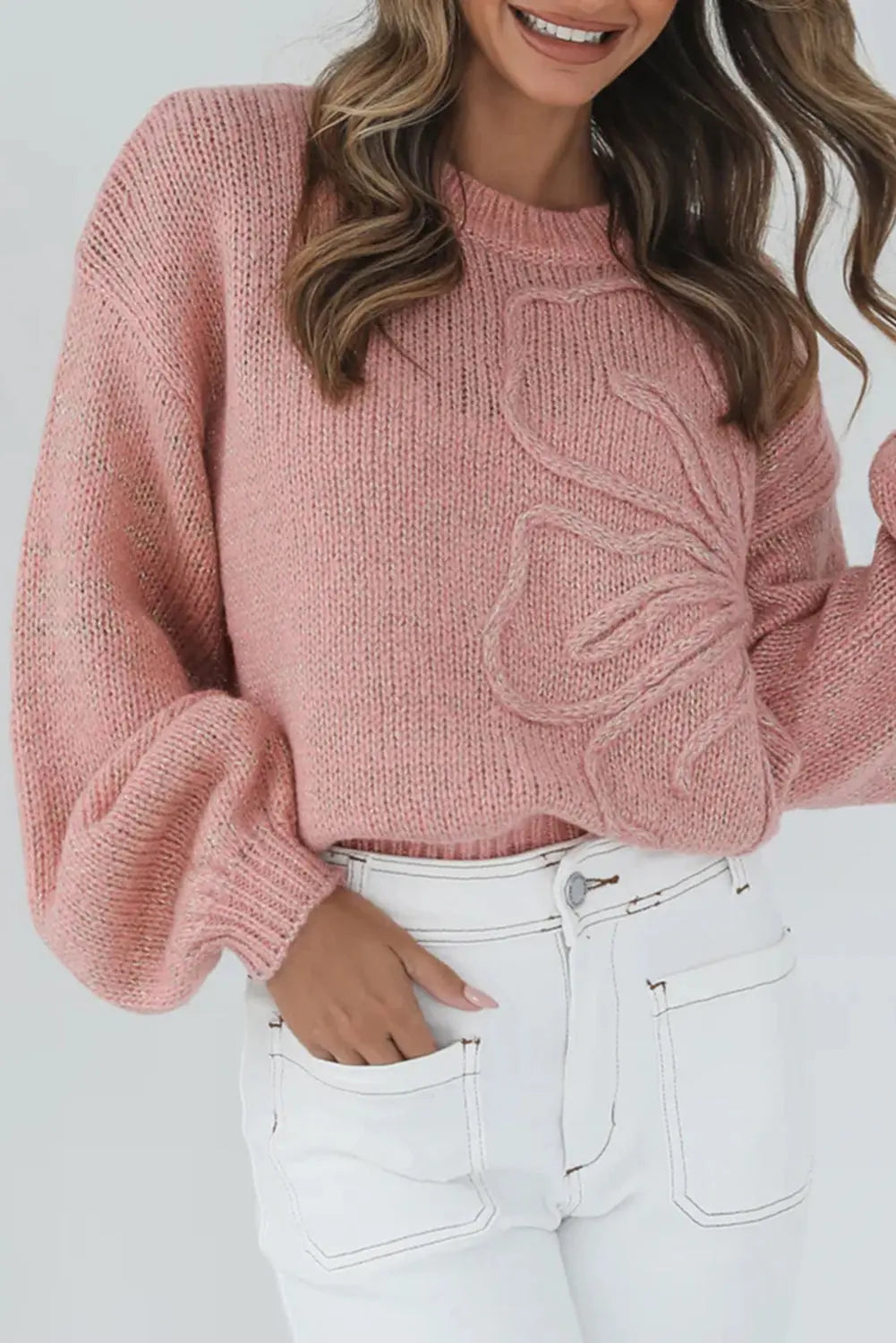 Peach Blossom Big Flower Accent Bubble Sleeve Drop Shoulder Sweater Dear-Lover Dropshipping