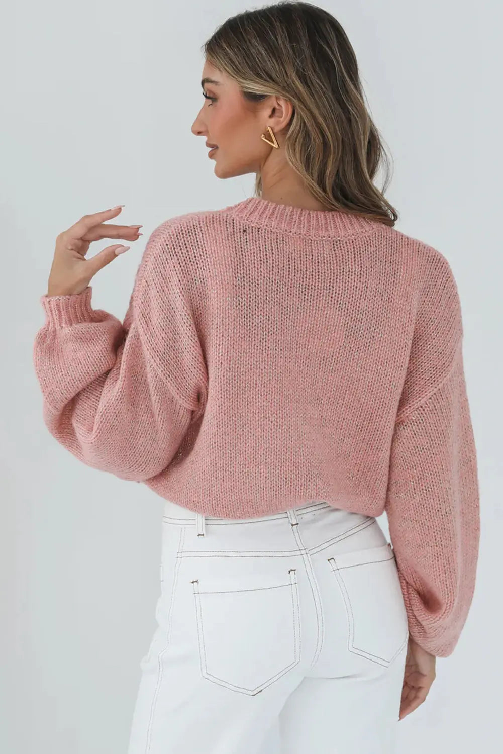 Peach Blossom Big Flower Accent Bubble Sleeve Drop Shoulder Sweater Dear-Lover Dropshipping