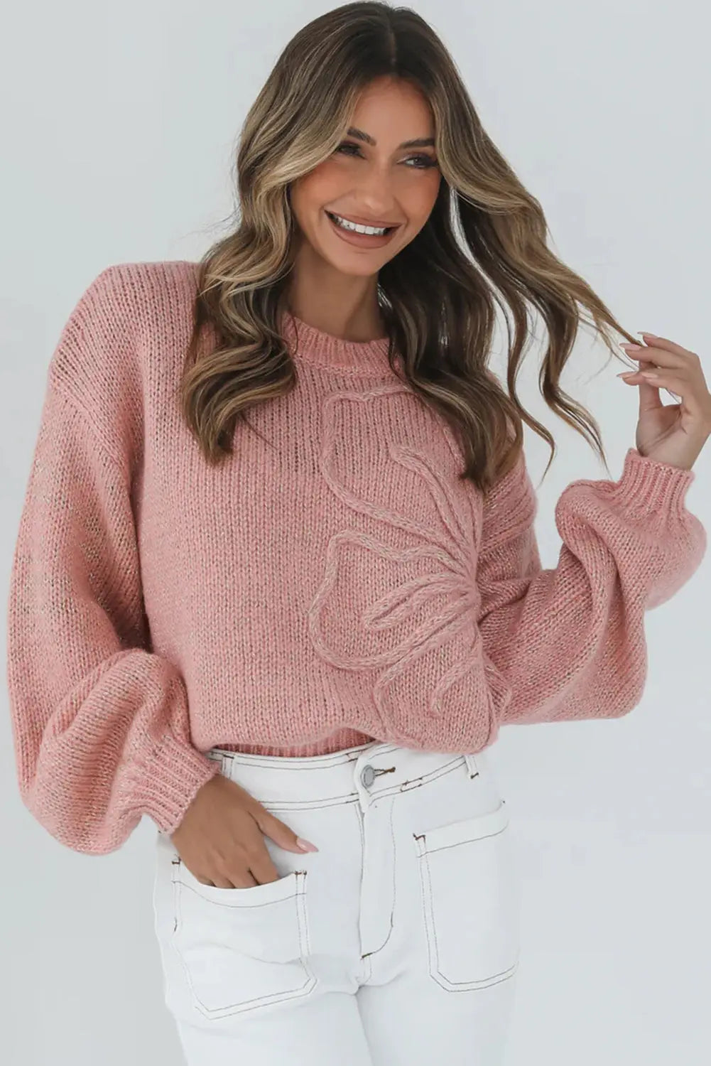 Peach Blossom Big Flower Accent Bubble Sleeve Drop Shoulder Sweater Dear-Lover Dropshipping