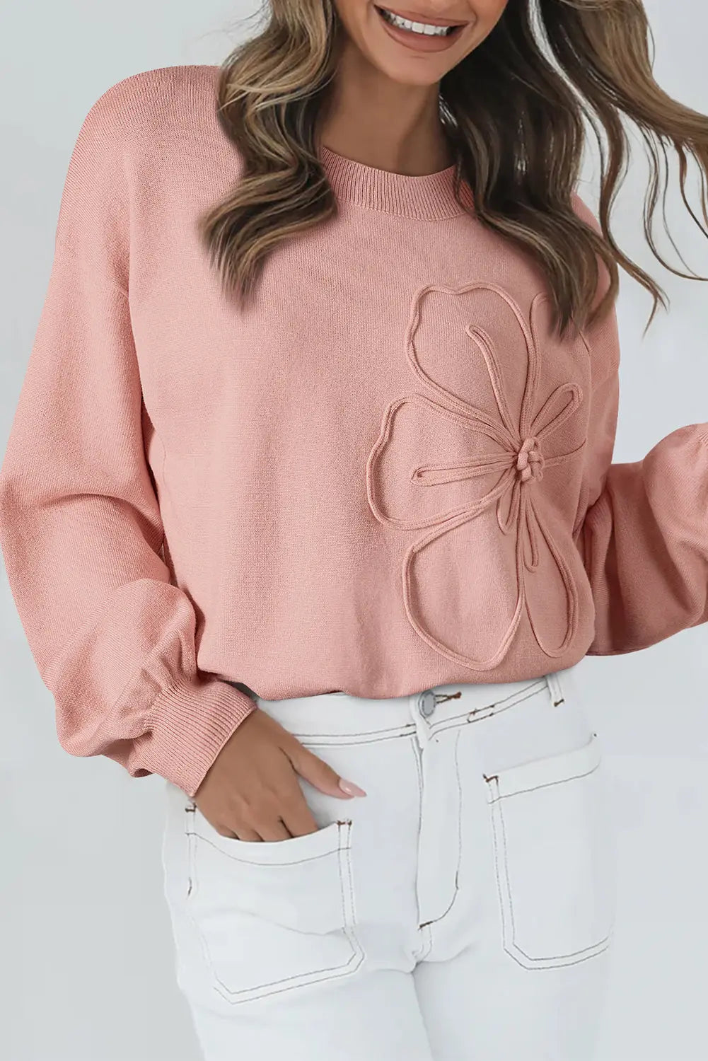 Peach Blossom Big Flower Accent Bubble Sleeve Drop Shoulder Sweater - eAura