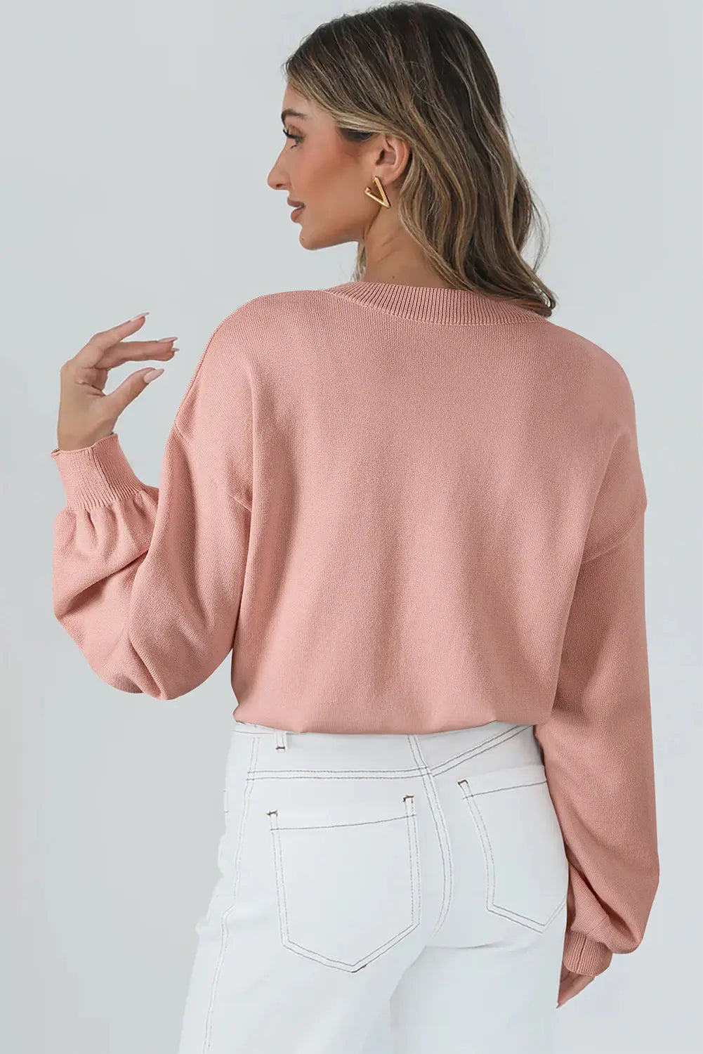 Peach Blossom Big Flower Accent Bubble Sleeve Drop Shoulder Sweater - eAura