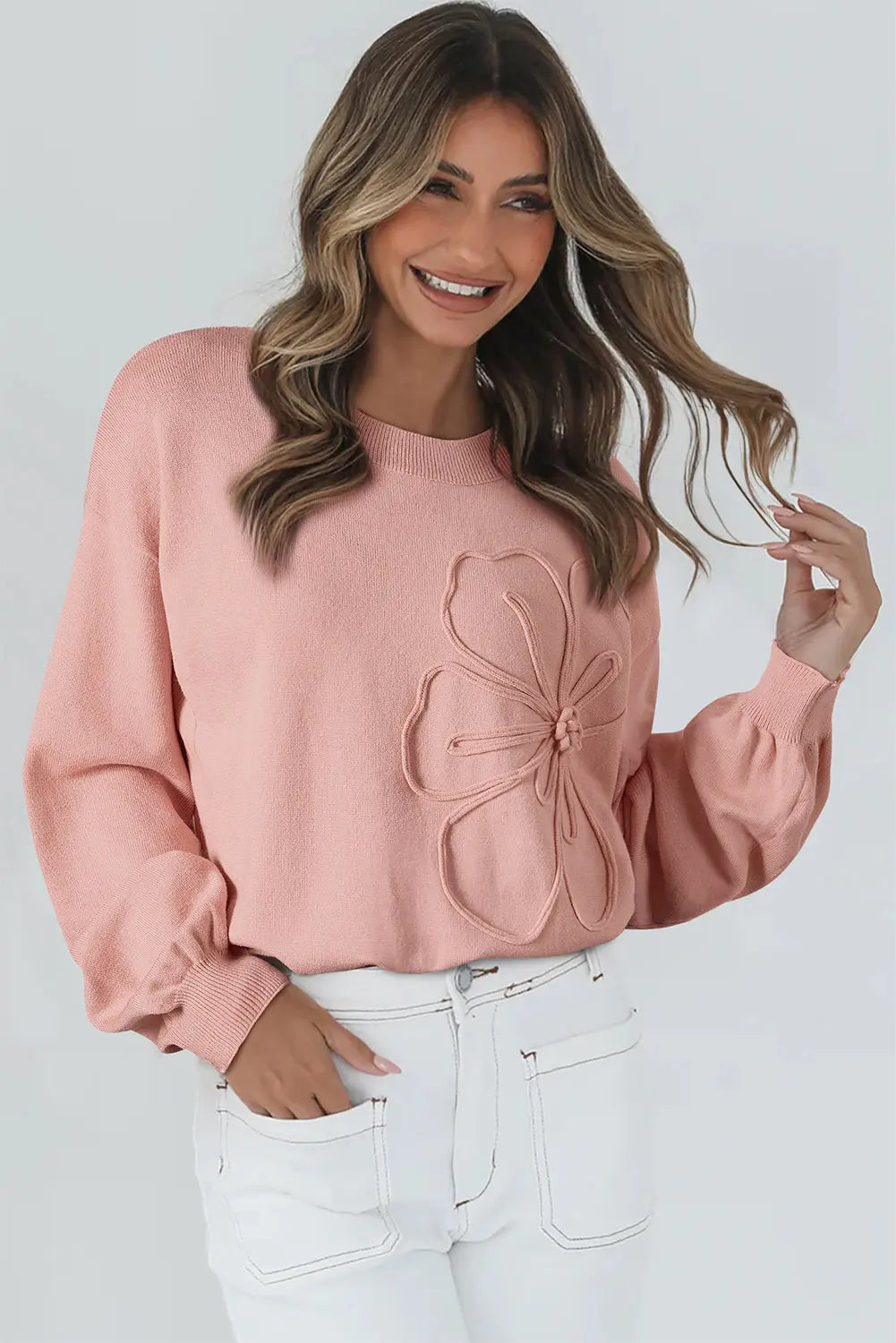 Peach Blossom Big Flower Accent Bubble Sleeve Drop Shoulder Sweater - eAura