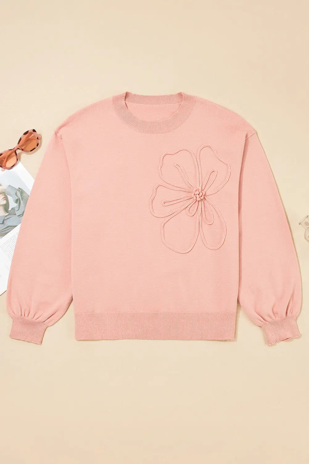 Peach Blossom Big Flower Accent Bubble Sleeve Drop Shoulder Sweater - eAura