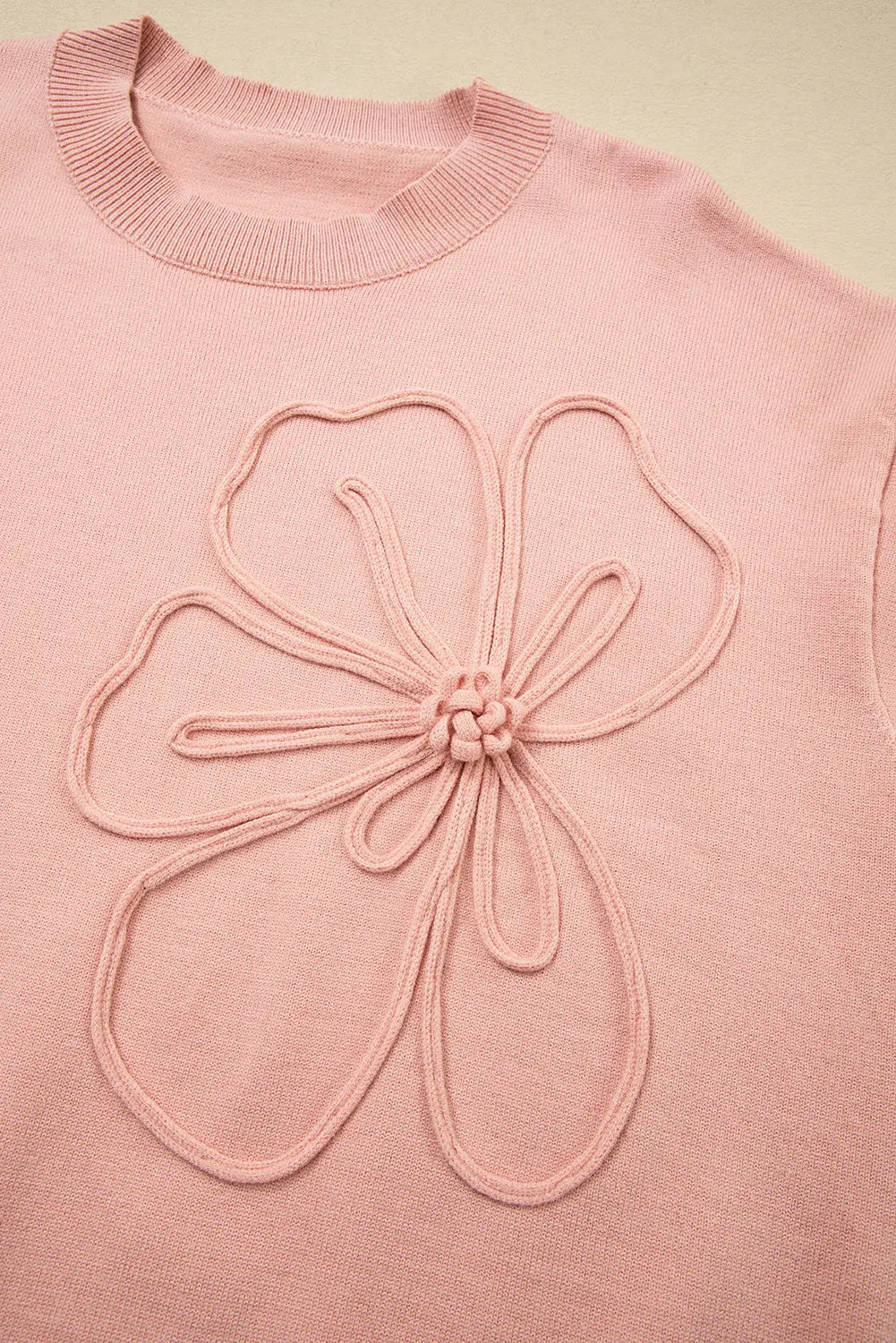 Peach Blossom Big Flower Accent Bubble Sleeve Drop Shoulder Sweater - eAura