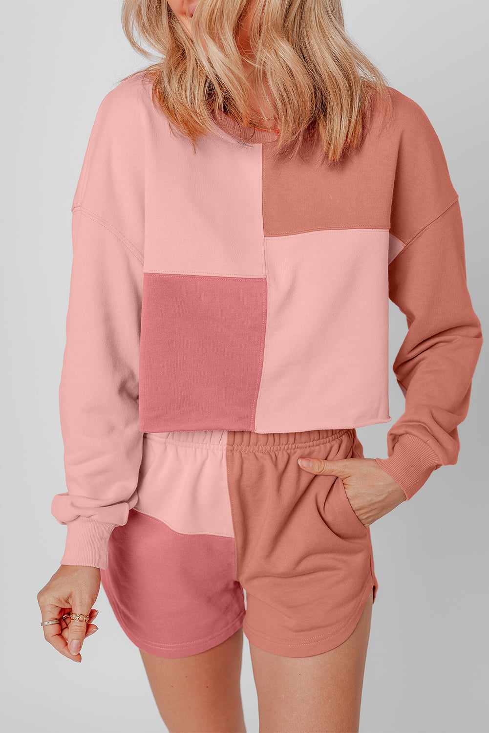 Peach Blossom Colourblock Patchwork Long Sleeve Shorts Outfit - eAura