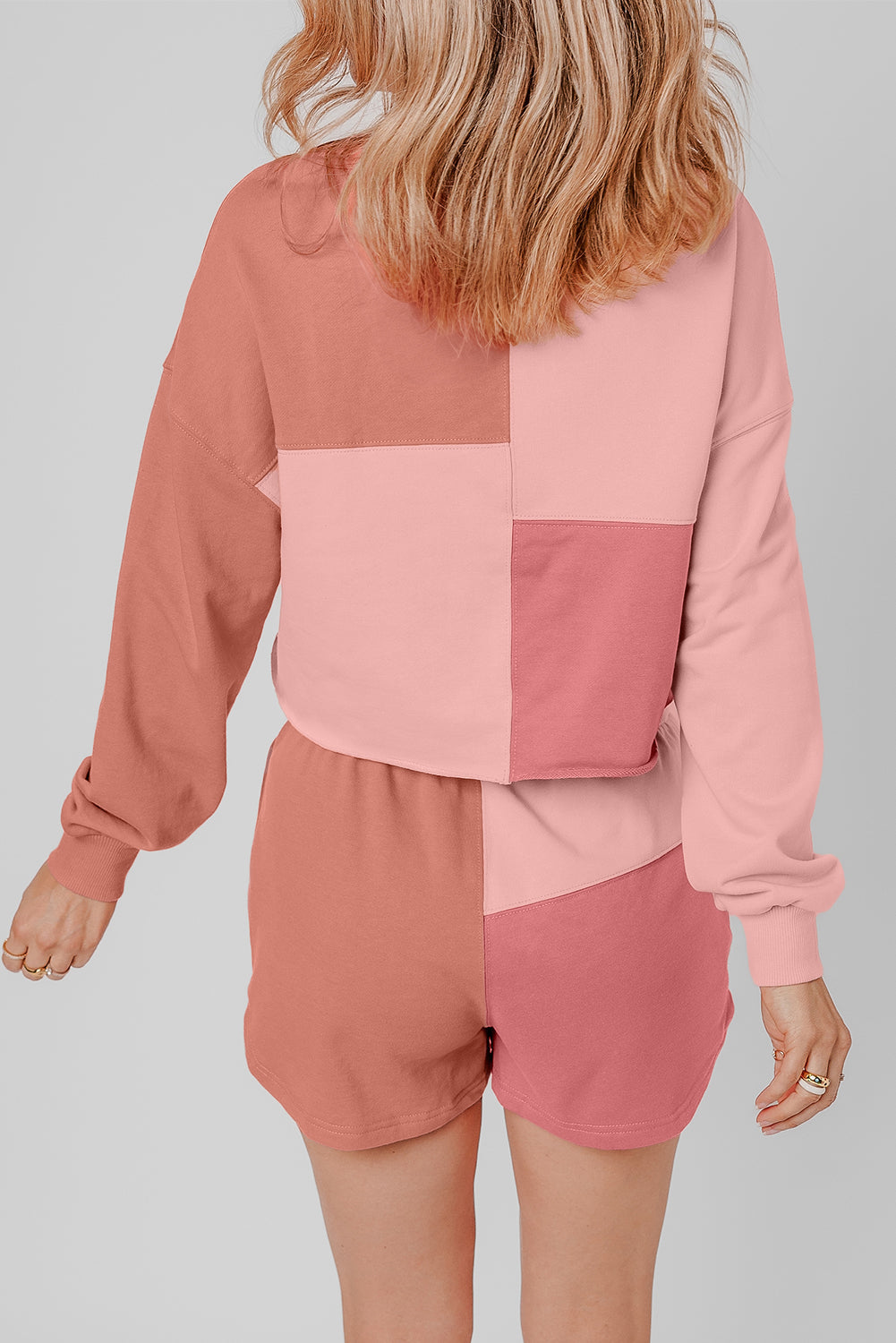 Peach Blossom Colourblock Patchwork Long Sleeve Shorts Outfit - eAura