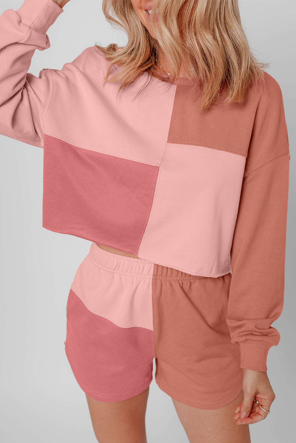 Peach Blossom Colourblock Patchwork Long Sleeve Shorts Outfit - eAura