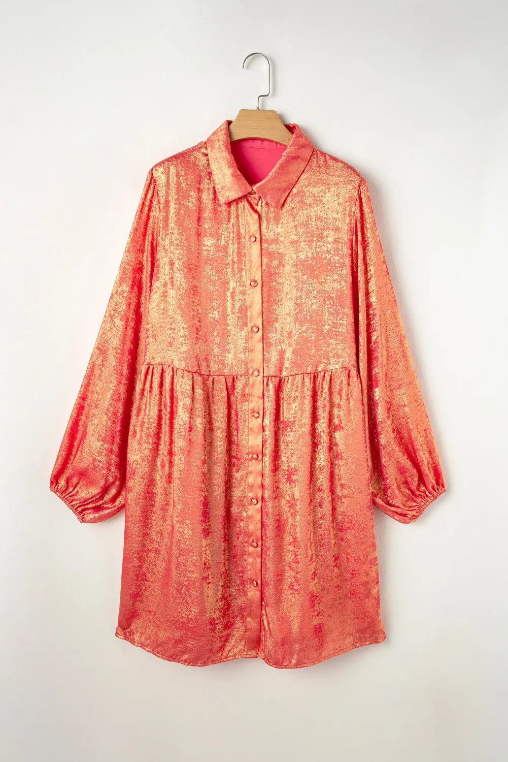 Peach Blossom Metallic Balloon Sleeve Shirt Plus Size Mini Dress Beagle Boutique Fashion Outlet