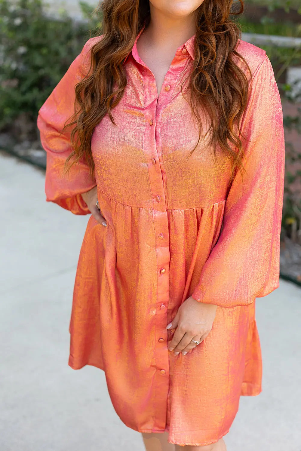 Peach Blossom Metallic Balloon Sleeve Shirt Plus Size Mini Dress Beagle Boutique Fashion Outlet