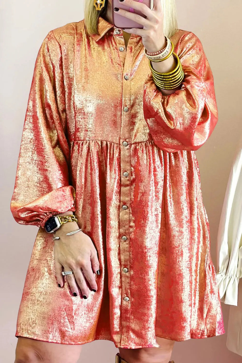 Peach Blossom Metallic Balloon Sleeve Shirt Plus Size Mini Dress Beagle Boutique Fashion Outlet