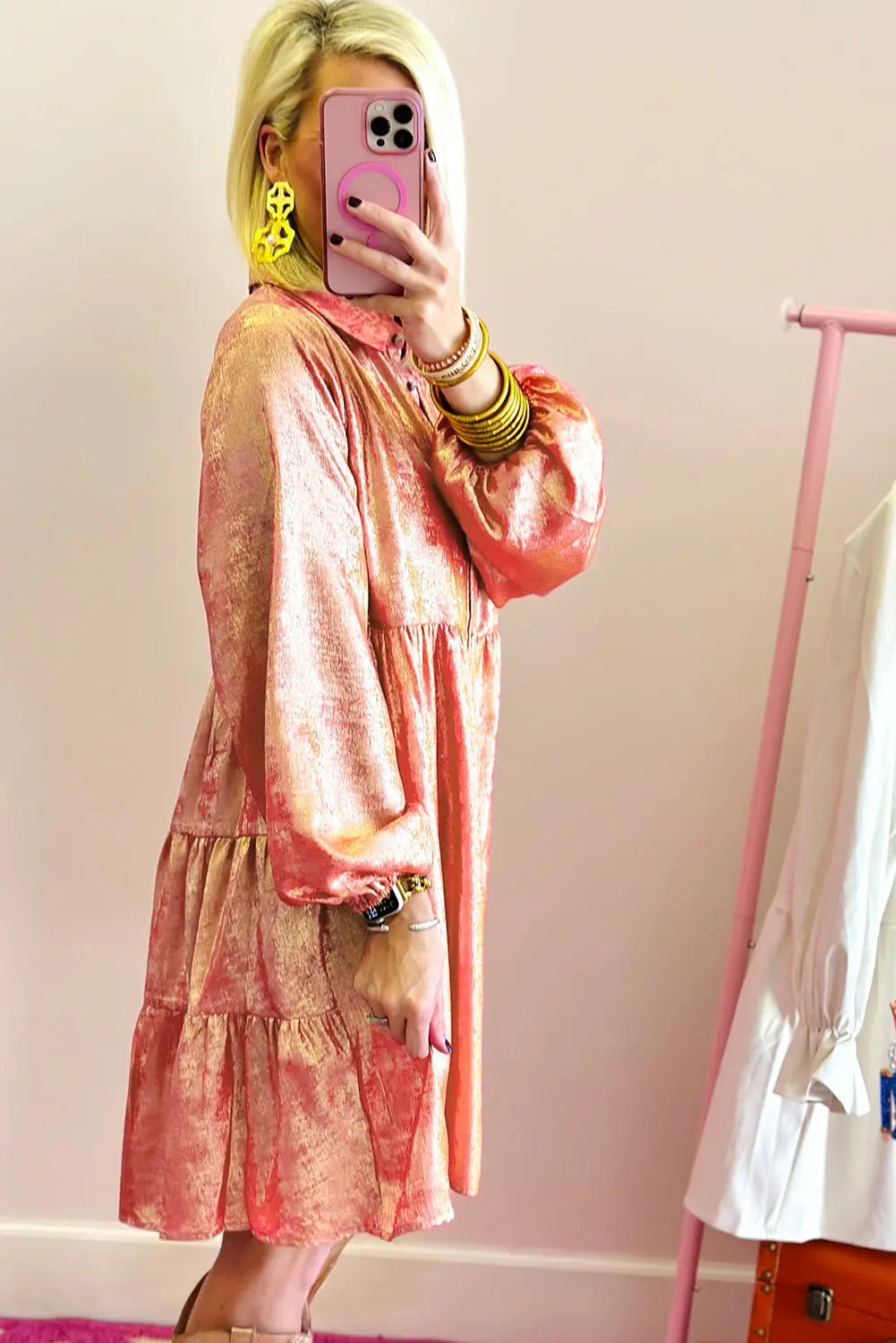 Peach Blossom Metallic Balloon Sleeve Shirt Plus Size Mini Dress Beagle Boutique Fashion Outlet
