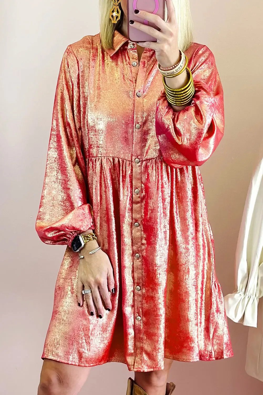 Blossom Metallic Sheen Puff Sleeve Button Up Mini Shirt Dress