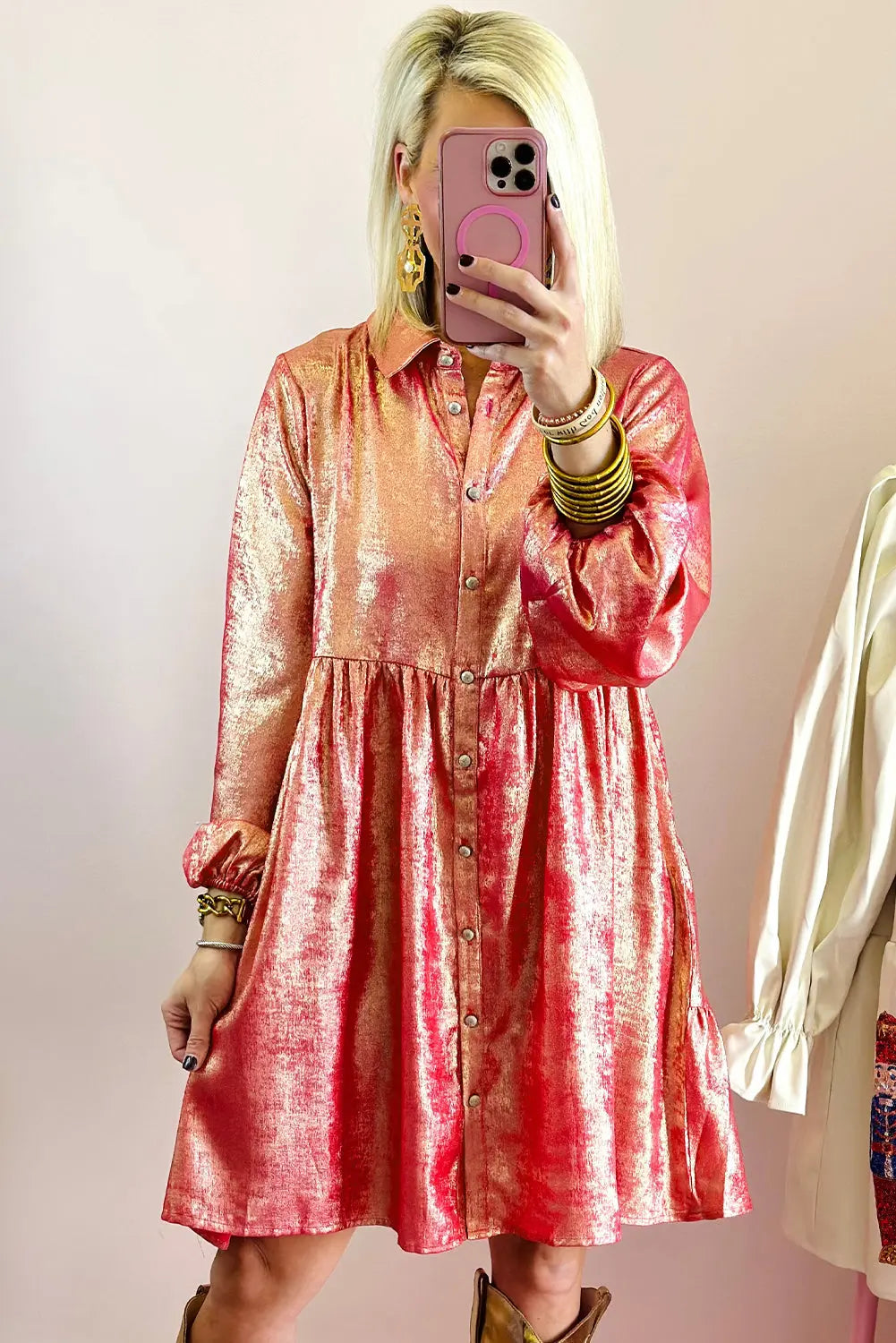 Peach Blossom Metallic Sheen Puff Sleeve Button Up Mini Shirt Dress - eAura