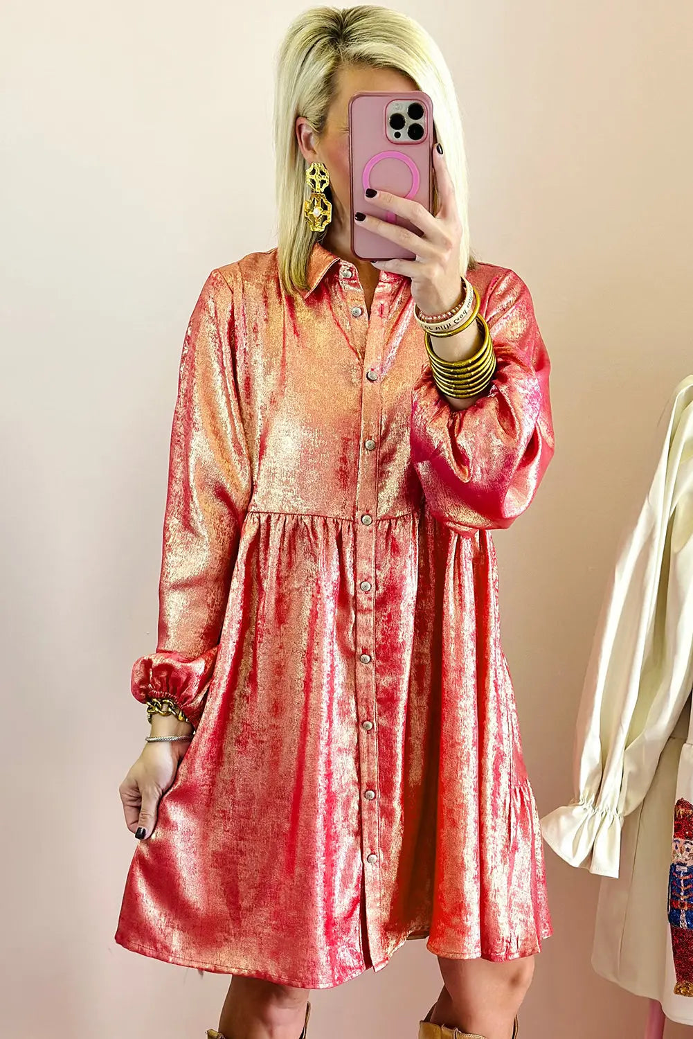 Peach Blossom Metallic Sheen Puff Sleeve Button Up Mini Shirt Dress - eAura