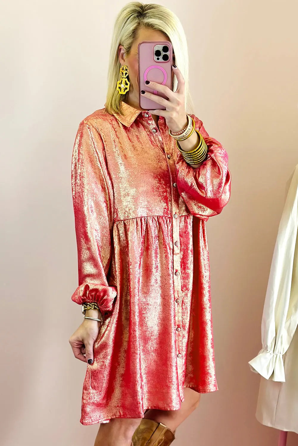 Peach Blossom Metallic Sheen Puff Sleeve Button Up Mini Shirt Dress - eAura