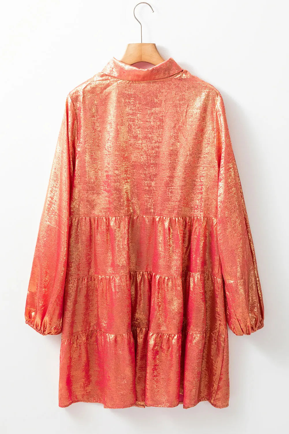 Peach Blossom Metallic Sheen Puff Sleeve Button Up Mini Shirt Dress - eAura