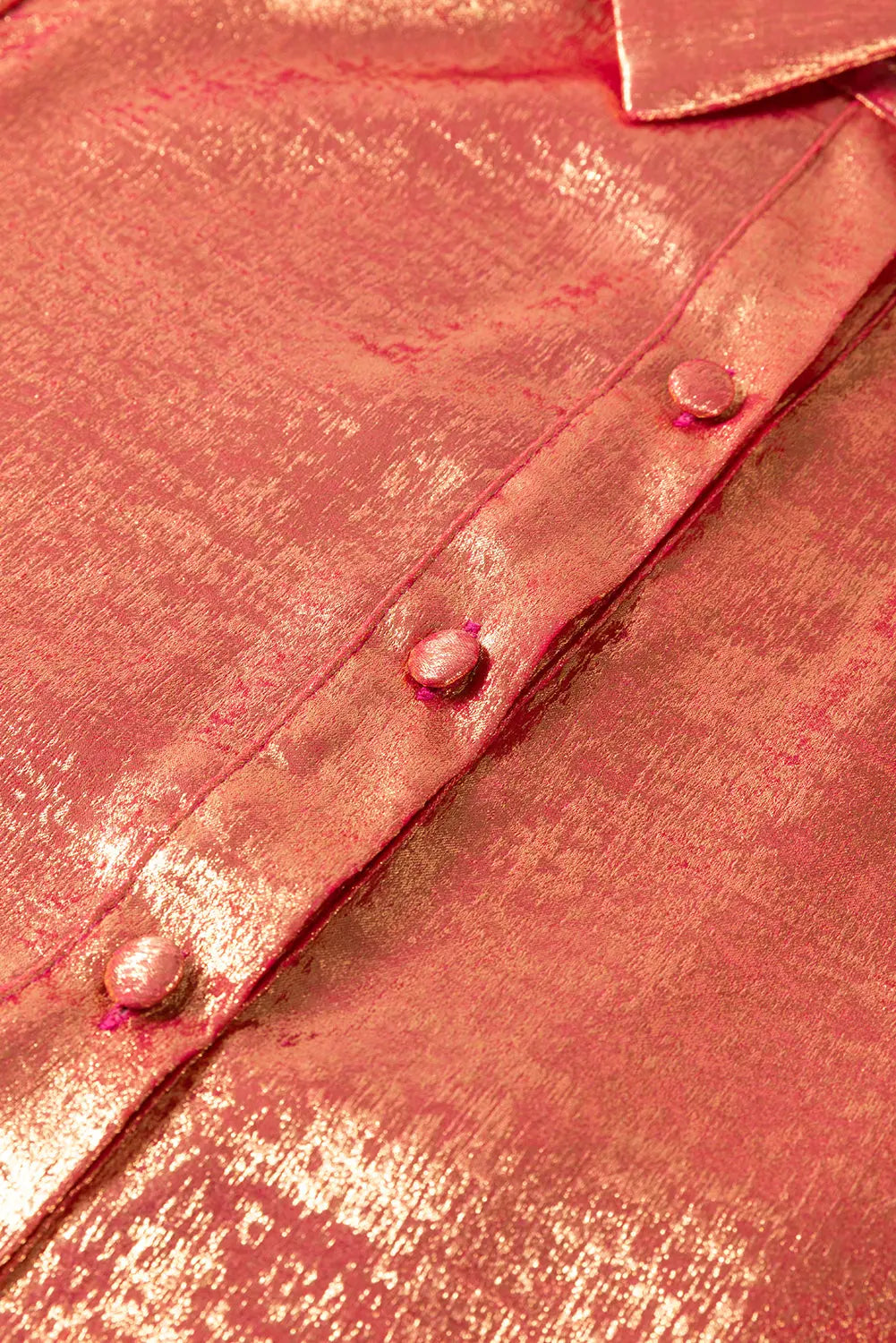 Peach Blossom Metallic Sheen Puff Sleeve Button Up Mini Shirt Dress - eAura