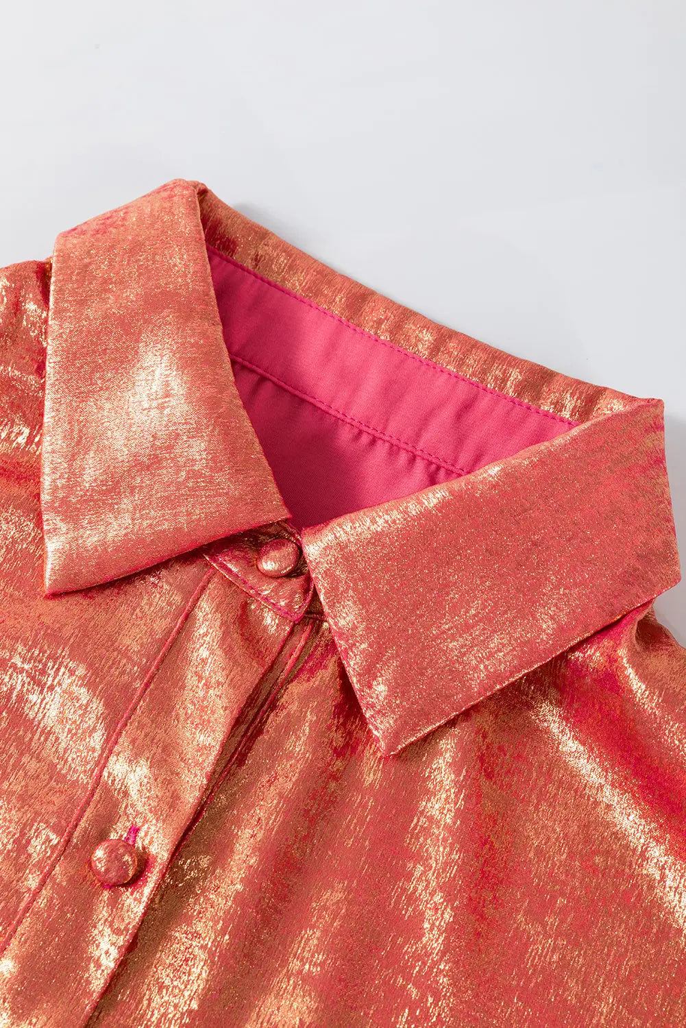 Peach Blossom Metallic Sheen Puff Sleeve Button Up Mini Shirt Dress - eAura