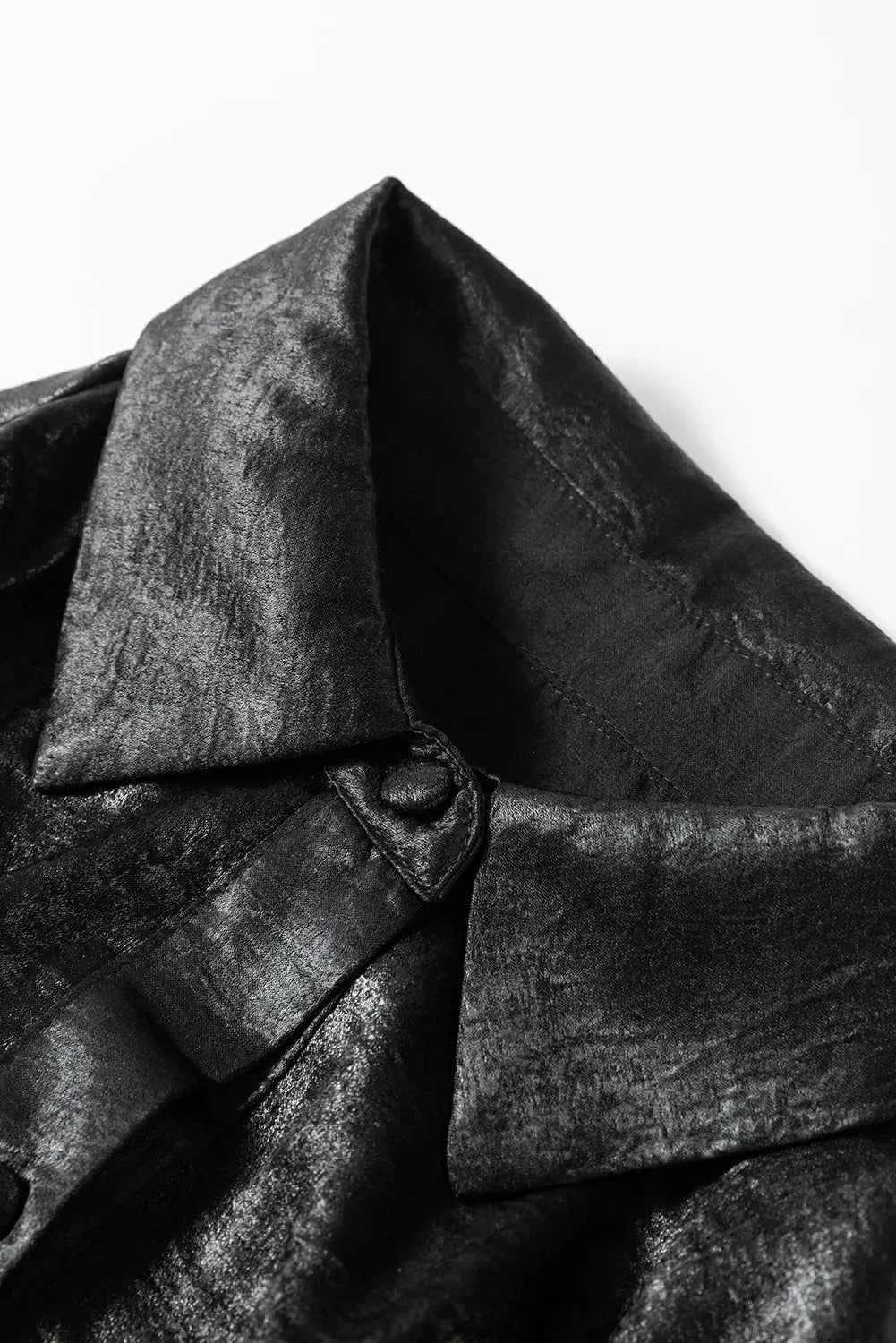 Peach Blossom Metallic Sheen Puff Sleeve Button Up Mini Shirt Dress - eAura