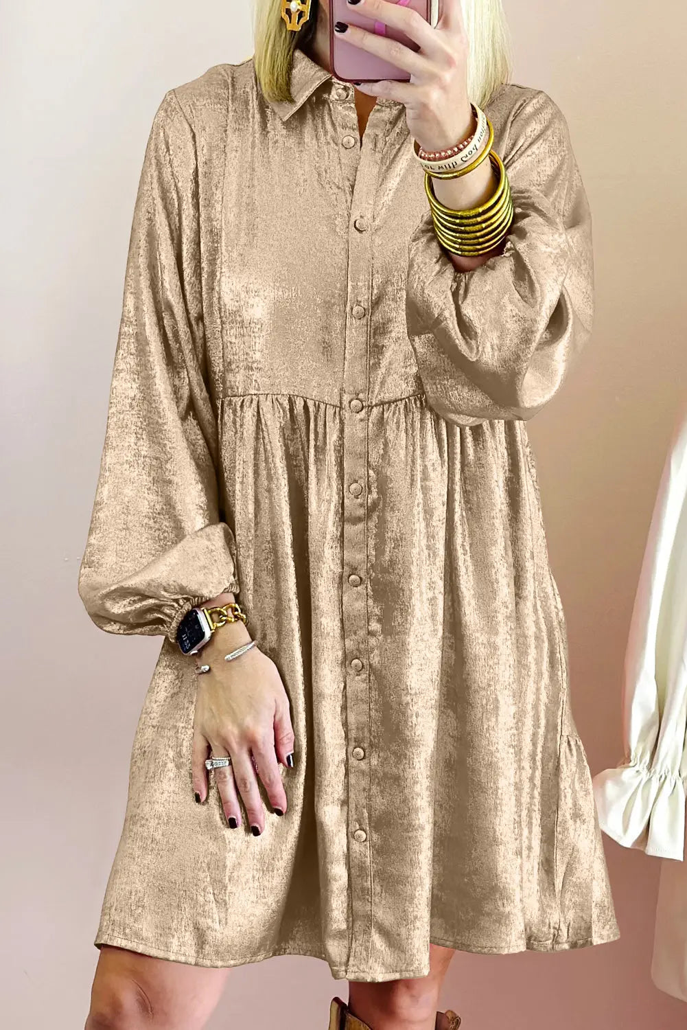Peach Blossom Metallic Sheen Puff Sleeve Button Up Mini Shirt Dress - eAura