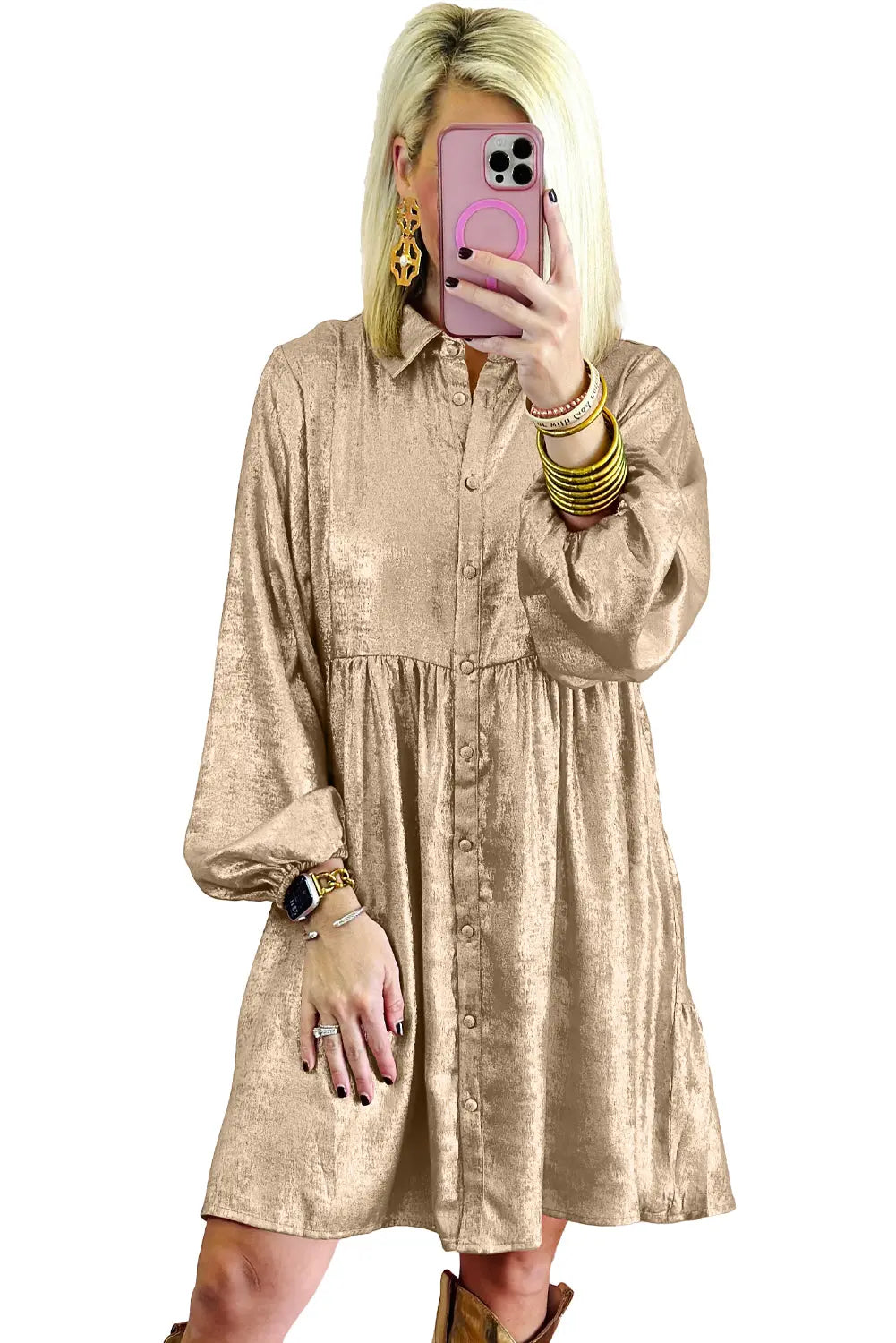 Peach Blossom Metallic Sheen Puff Sleeve Button Up Mini Shirt Dress - eAura