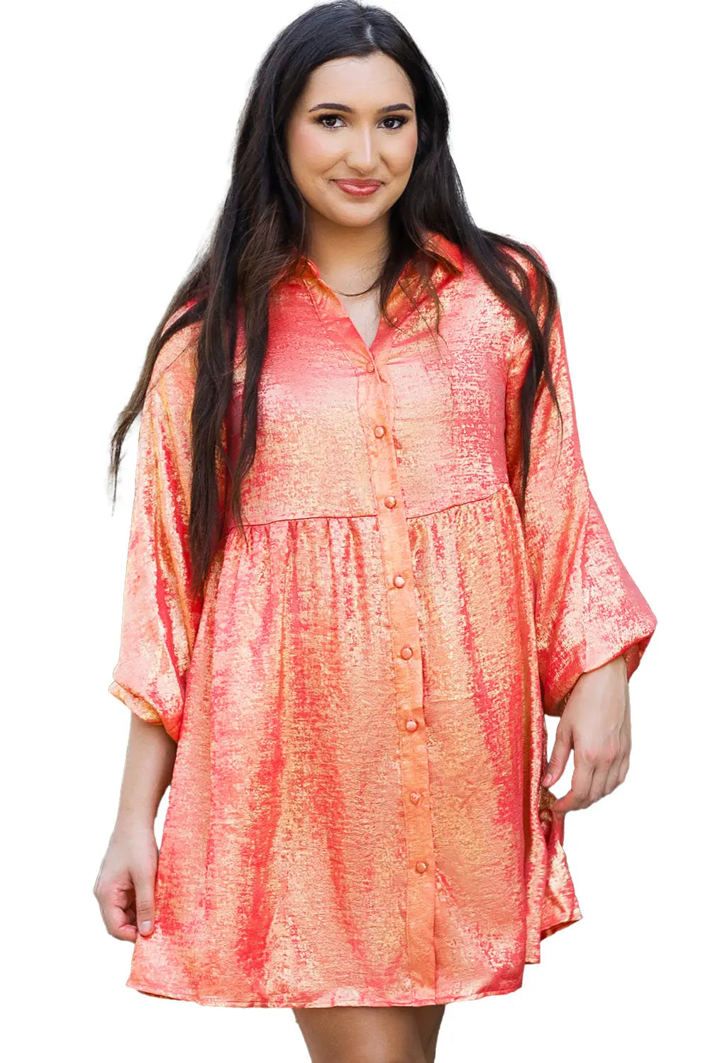 Peach Blossom Metallic Sheen Puff Sleeve Button Up Mini Shirt Dress - eAura