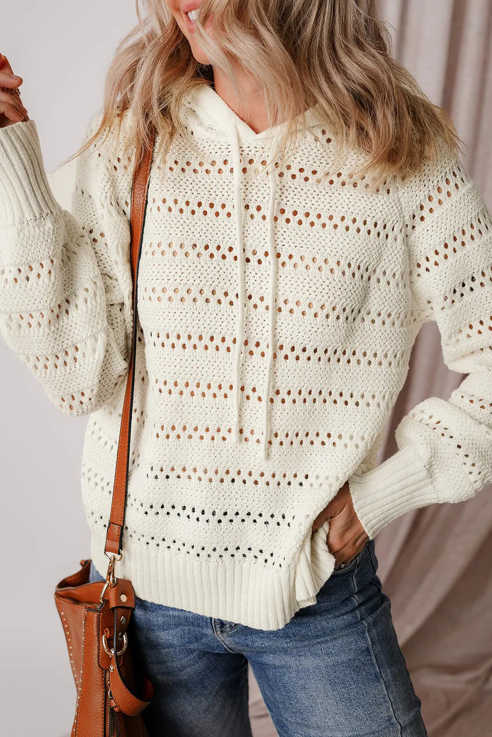 Peach Blossom Pointelle Knit Raglan Sleeve Hooded Sweater eAura