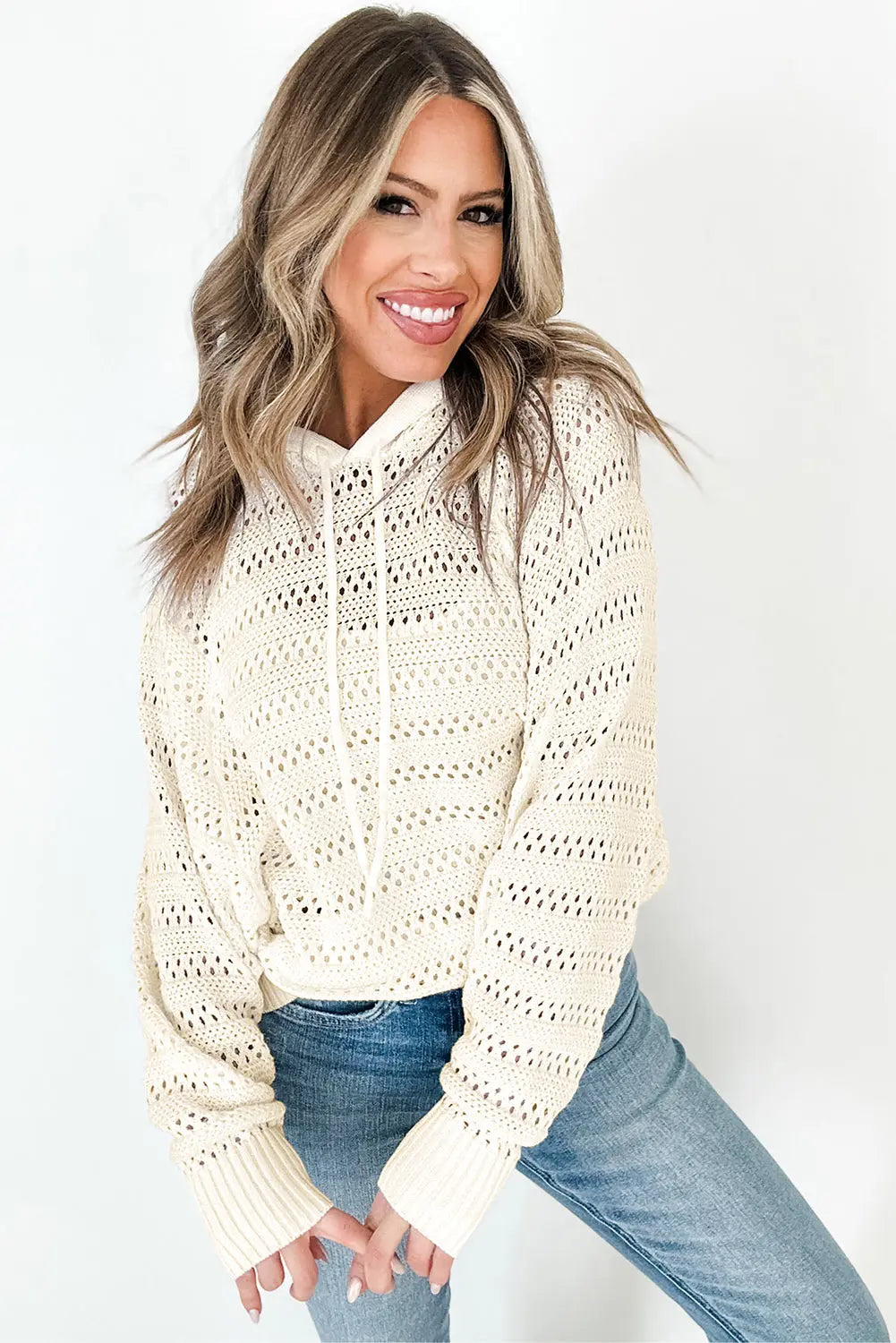 Peach Blossom Pointelle Knit Raglan Sleeve Hooded Sweater eAura